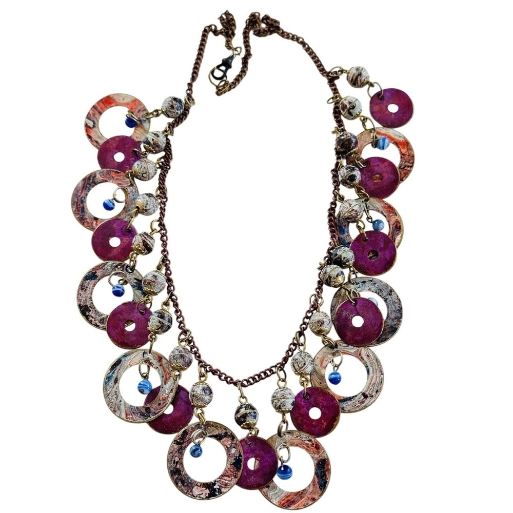 VTG Statement Collar Necklace glass Brass‎ Enamel Purple Patina Artisan Chunky